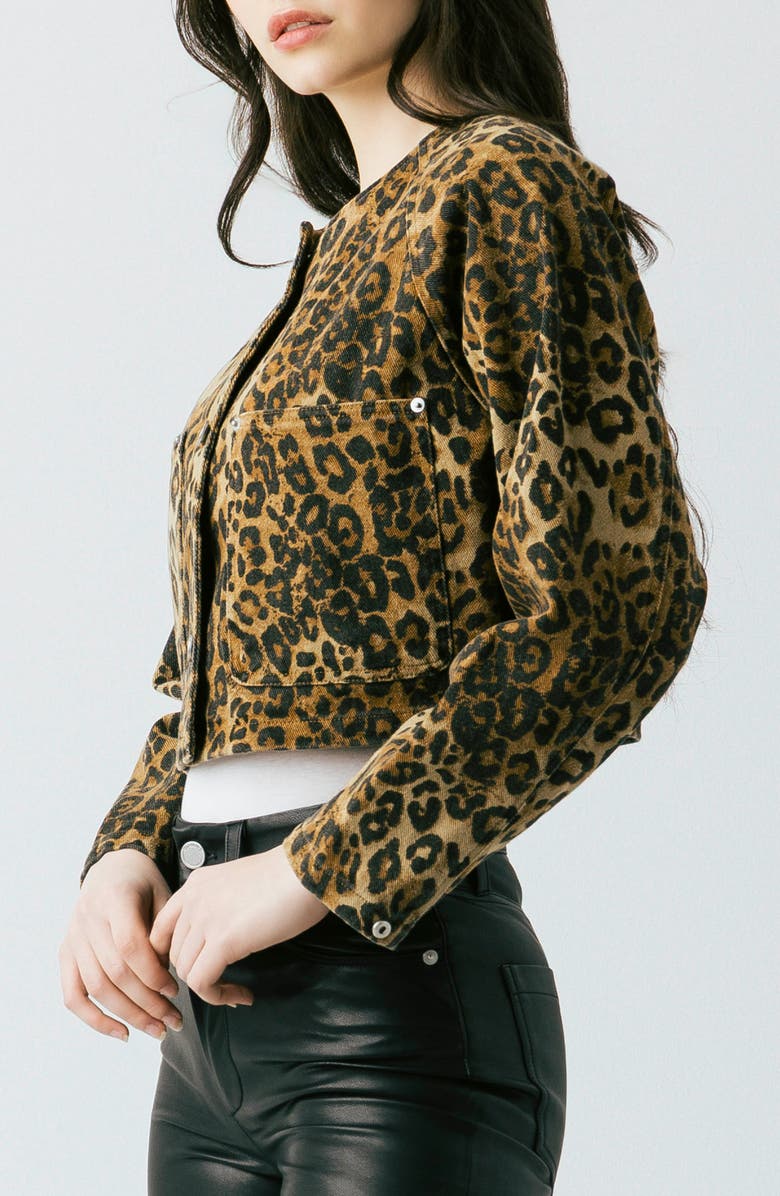 BLANKNYC Crop Leopard Print Denim Jacket, Alternate, color, Hear Me Roar