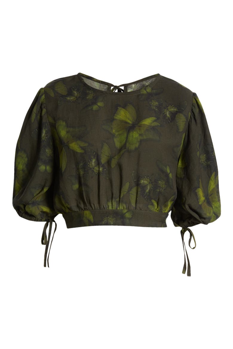 Puff Sleeve Butterfly Print Crop Top, Alternate, color, SYCAMORE GREEN