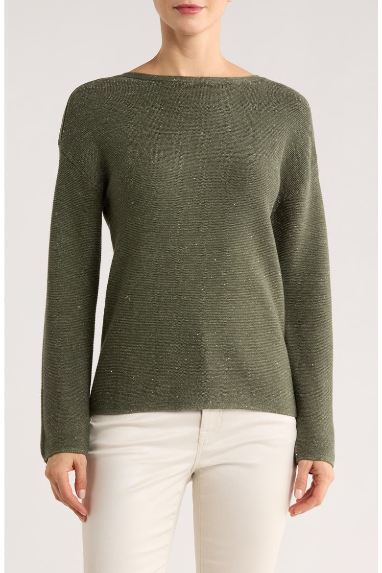 Crystal Sands Sequin Relaxed Fit Cotton Blend Sweater, Main, color, PALM MOSS