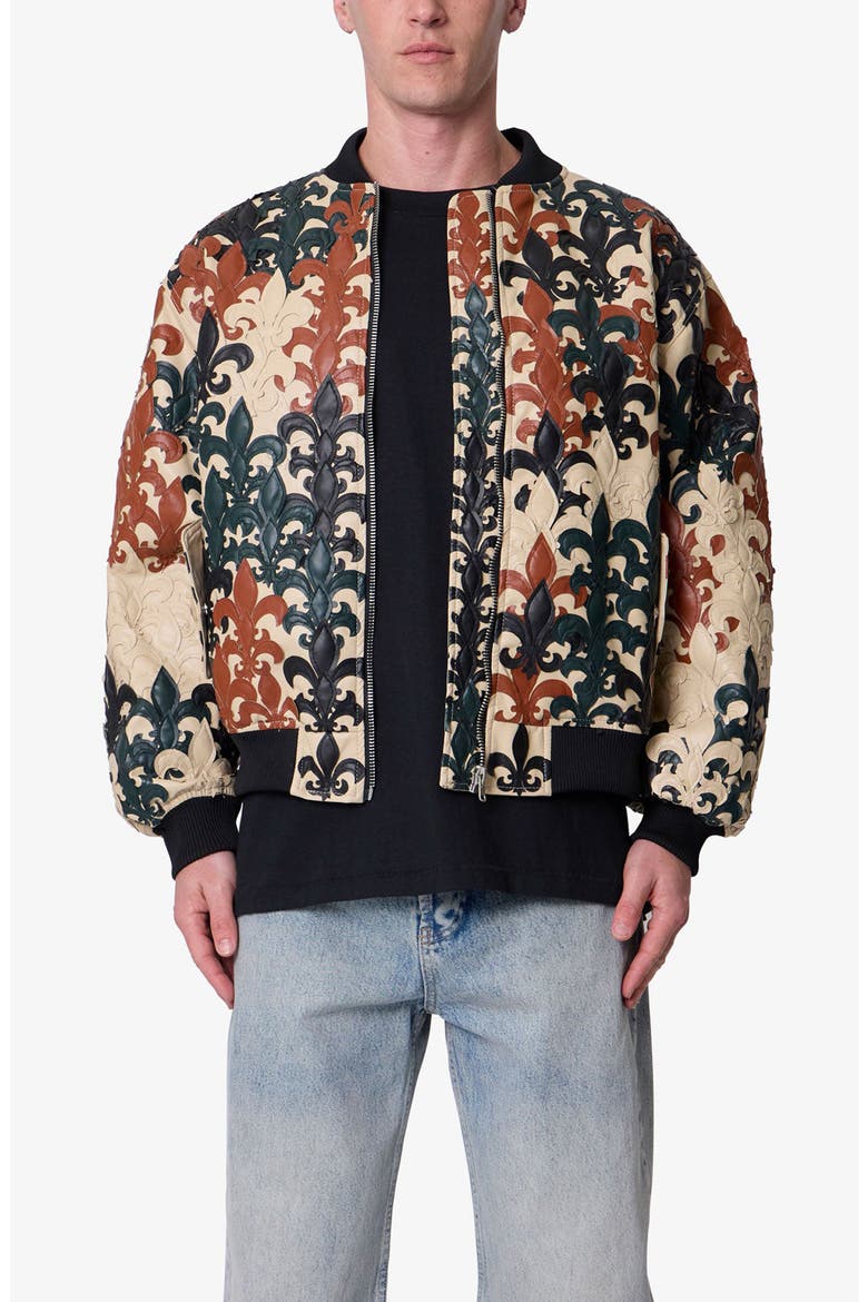 Fleur de Lis Faux Leather Bomber Jacket, Main, color, BEIGE MULTI