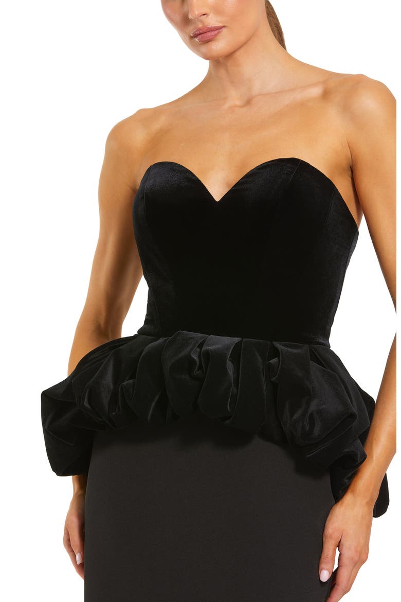 Strapless Velvet Peplum Top With Crepe Skirt Gown, Alternate, color, Black