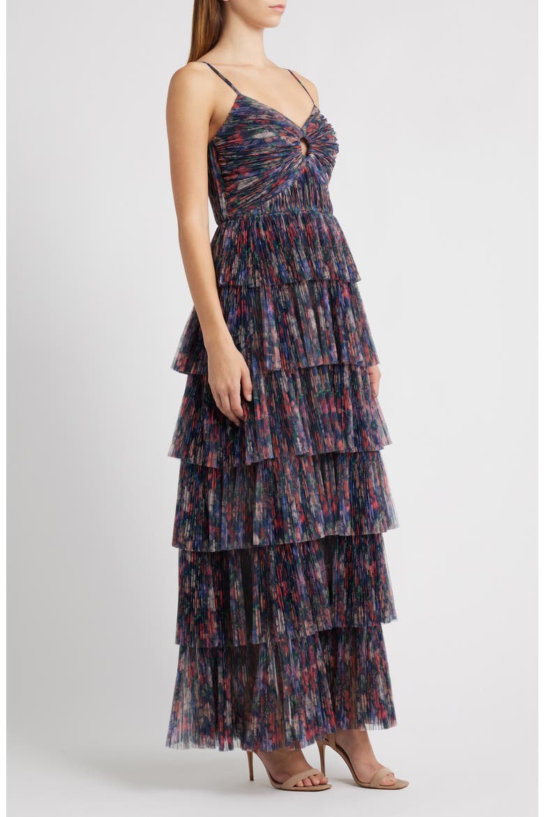 Floral Gathered Tiered Evening Gown, Alternate, color, NAVY GARDEN