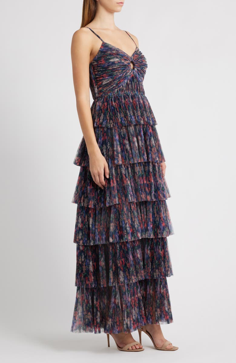 Hutch Floral Gathered Tiered Evening Gown, Alternate, color, Navy Garden