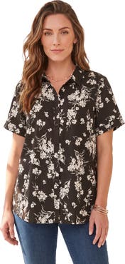 Roaman's Plus Size Kate Short Sleeve Easy Cotton Blend Button Front Shirt