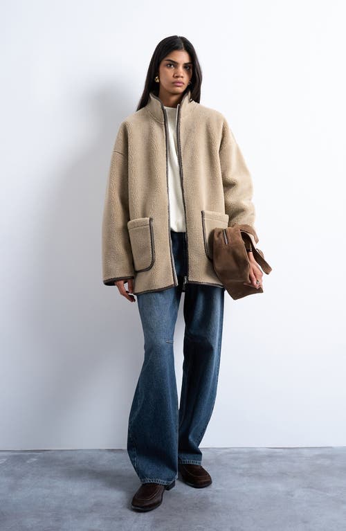 Topshop Longline High Neck Faux Shearling Jacket In Gray