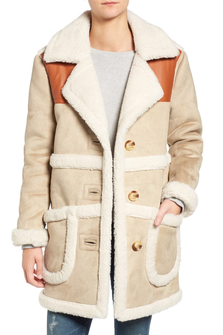 Faux Shearling & Faux Leather Jacket, Main, color, MOCHA
