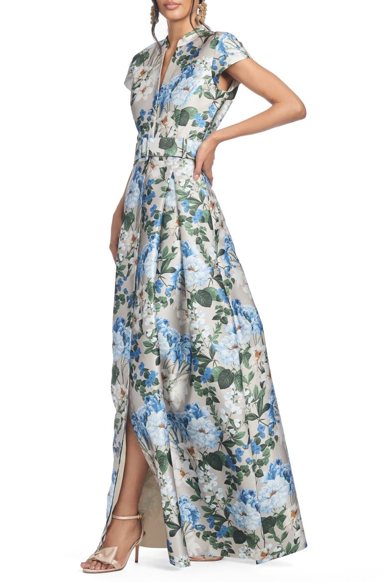 Marta Floral Print Belted Mikado Gown, Alternate, color, DUNE AND DUSK PETALS