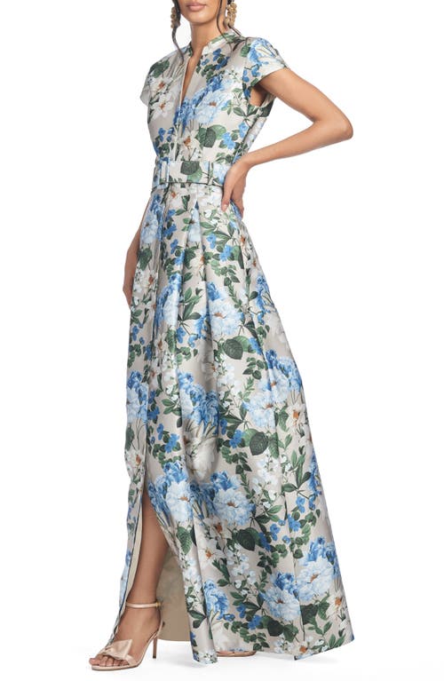 Sachin & Babi Marta Floral Print Belted Mikado Gown In Dune And Dusk Petals