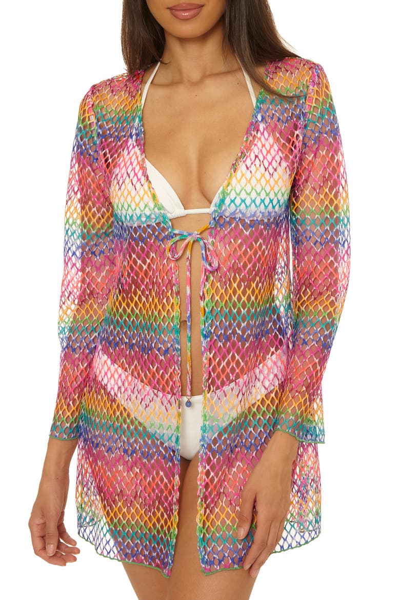 Rio Fishnet Sheer Long Sleeve Cover-Up, Main, color, PNK MULTI