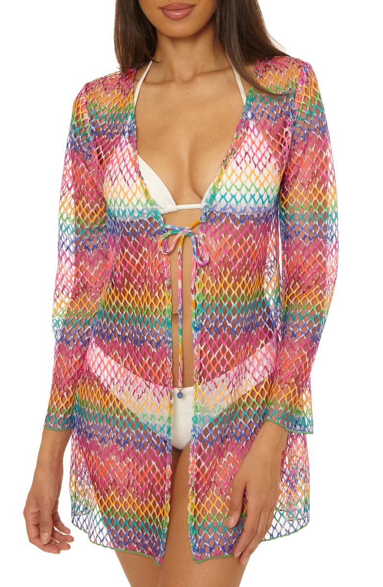 Becca Rio Fishnet Sheer Long Sleeve Cover-Up, Main, color, Pnk Multi