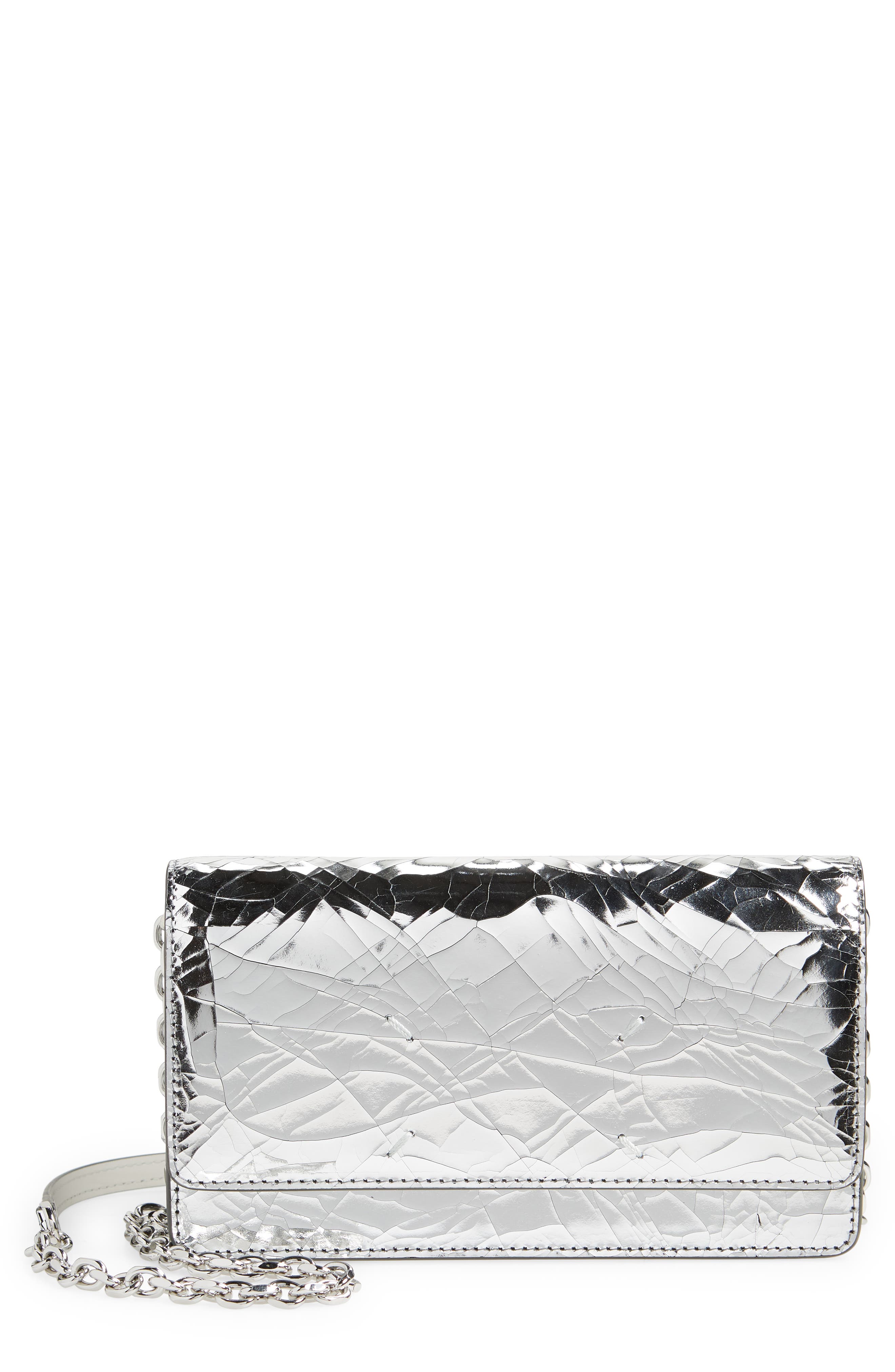 Metallic Painted Leather Wallet on a Chain, Main, color, SILVER/ GRAY