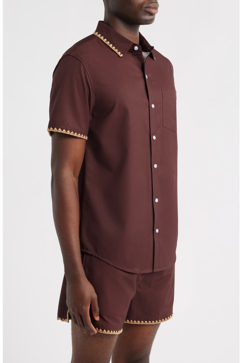 Espresso Crochet Trim Short Sleeve Button-Up Shirt, Alternate, color, BROWN