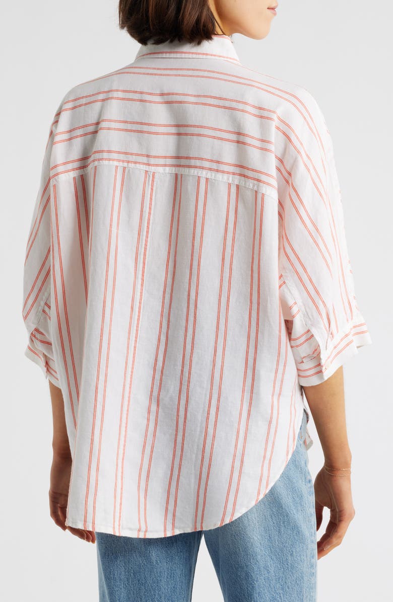 Madewell Stripe Pleat Sleeve Oversize Linen & Cotton Button-Up Shirt, Alternate, color, Bright Flame
