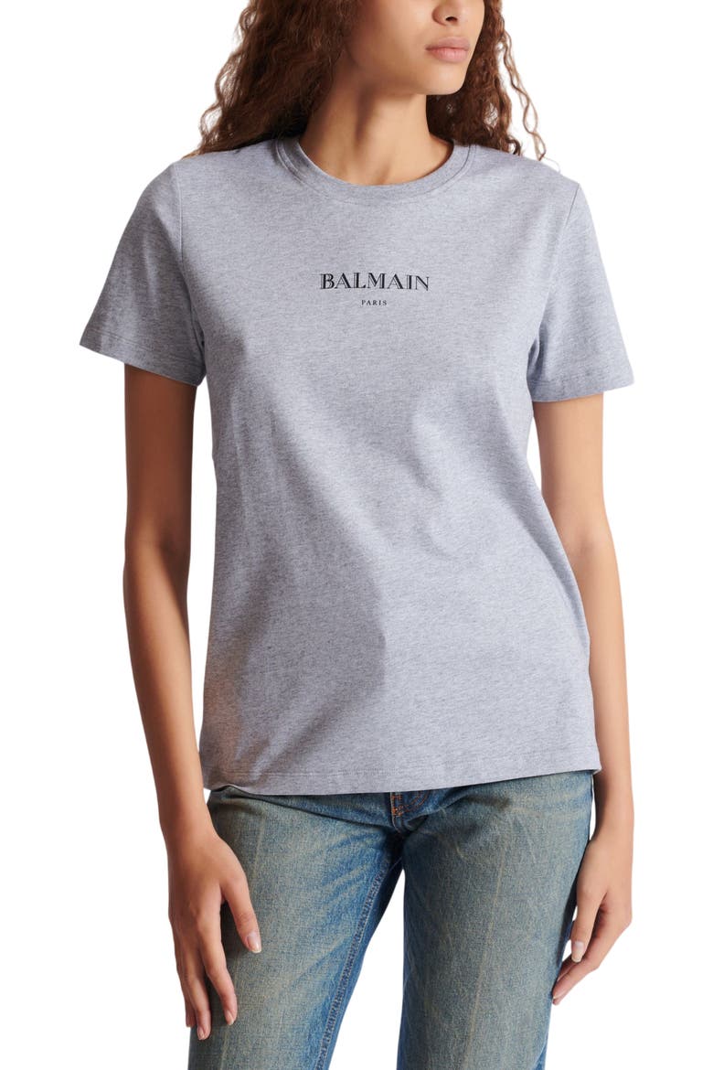 T-Shirt with Balmain Print, Alternate, color, grey