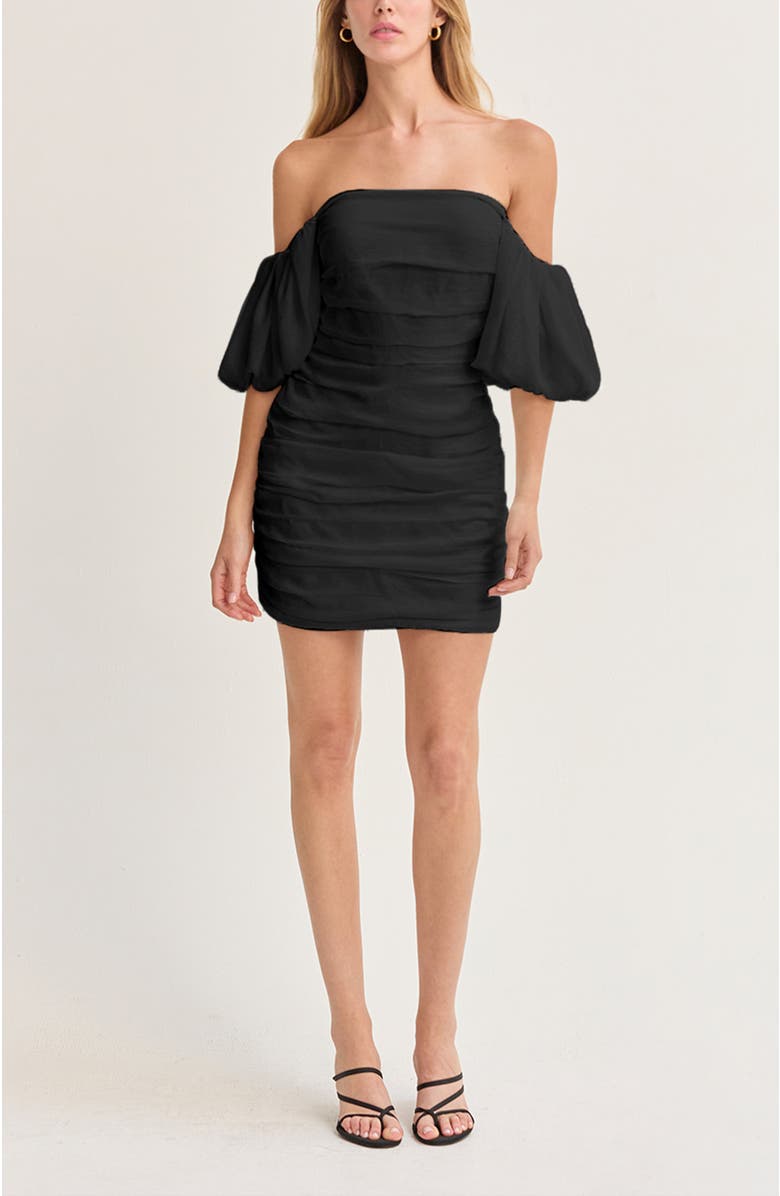 CRESCENT Puff Sleeves Ruched Mini Dress, Alternate, color, Black