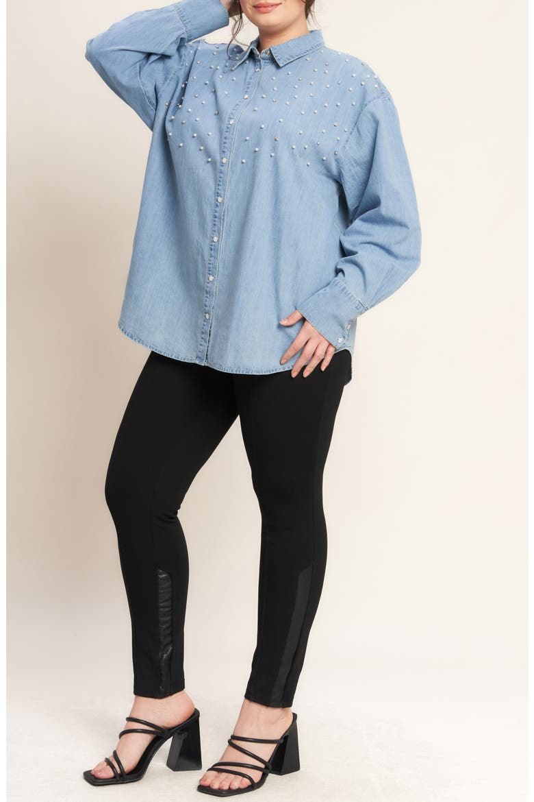Embellished Long Sleeve Denim Shirt, Alternate, color, LIGHT INDIGO