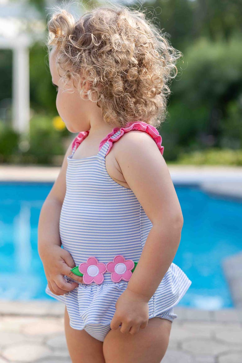 Seersucker Swimsuit With Flowers, Alternate, color, Blue/White