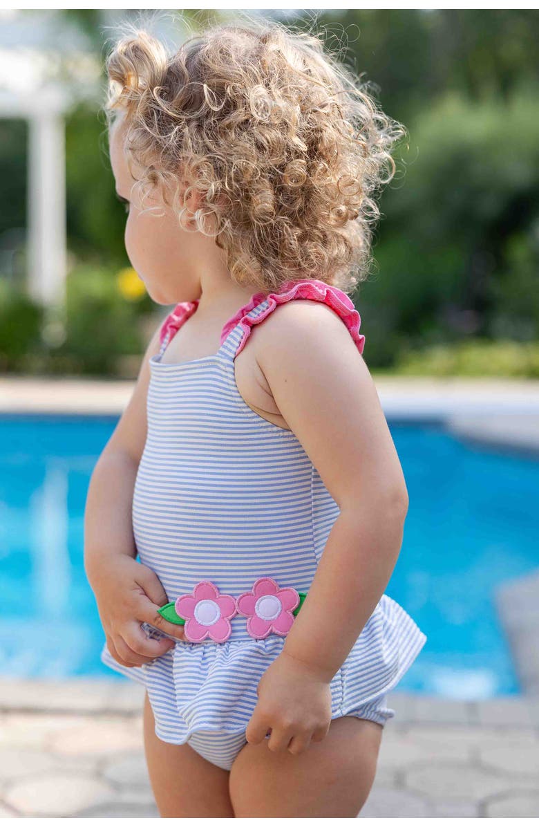 Florence Eiseman Seersucker Swimsuit With Flowers, Alternate, color, Blue/White