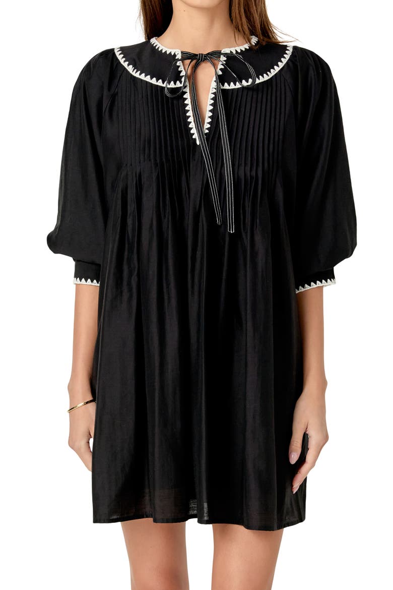 Embroidered Tie Neck Minidress, Alternate, color, BLACK/ WHITE