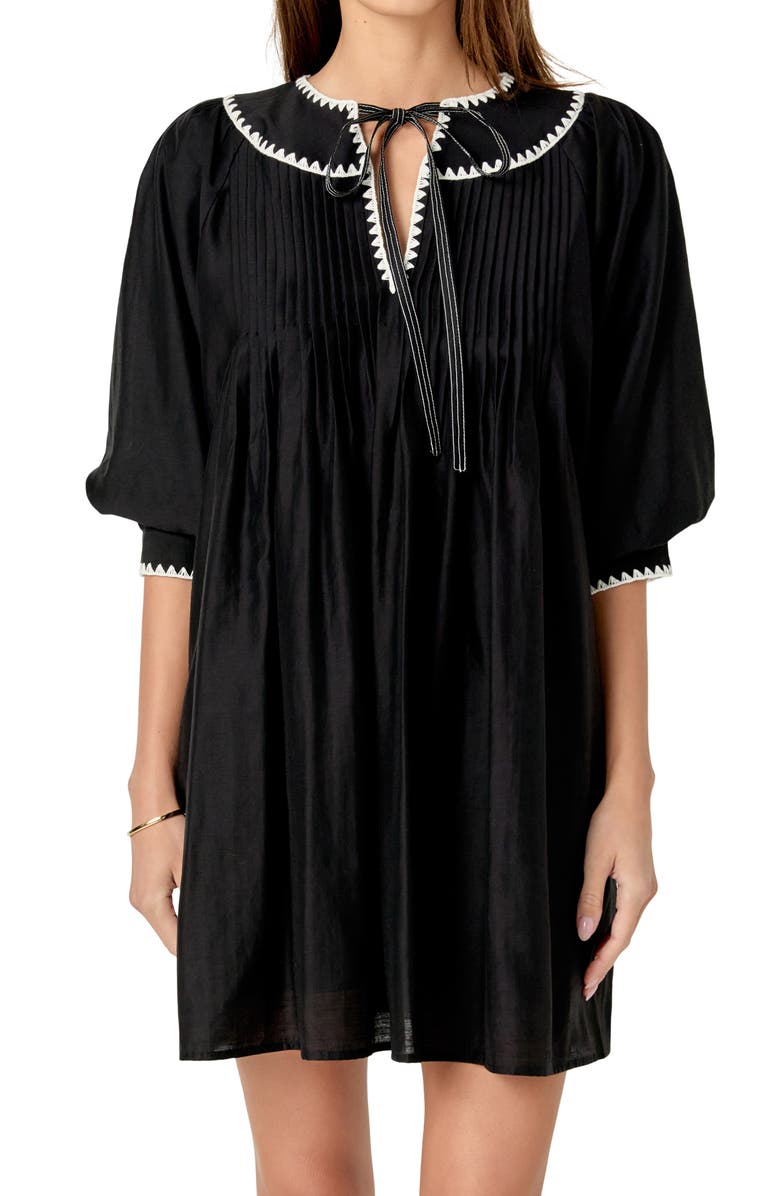 English Factory Embroidered Tie Neck Minidress, Alternate, color, Black/ White