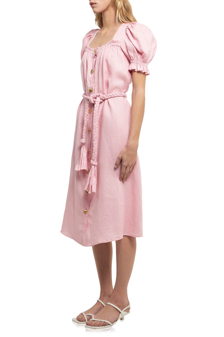Puff Sleeve Button Front Linen Dress, Alternate, color, PINK