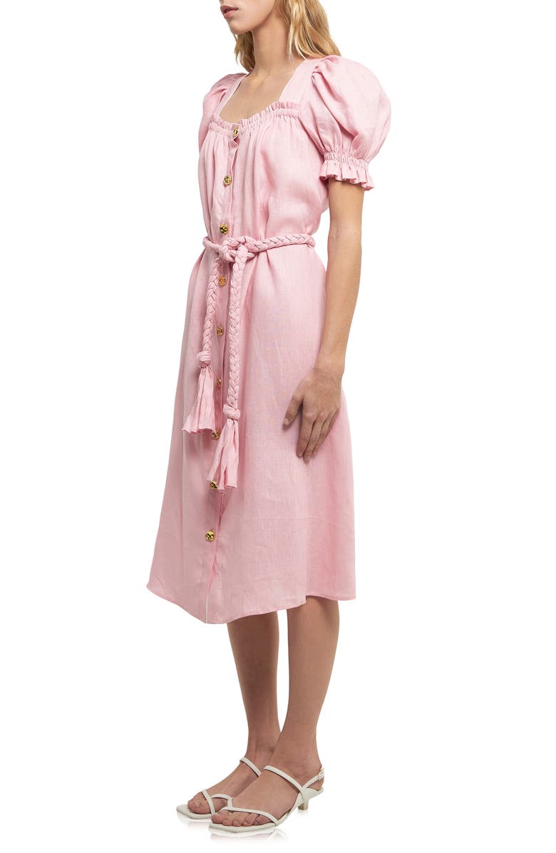 English Factory Puff Sleeve Button Front Linen Dress, Alternate, color, Pink