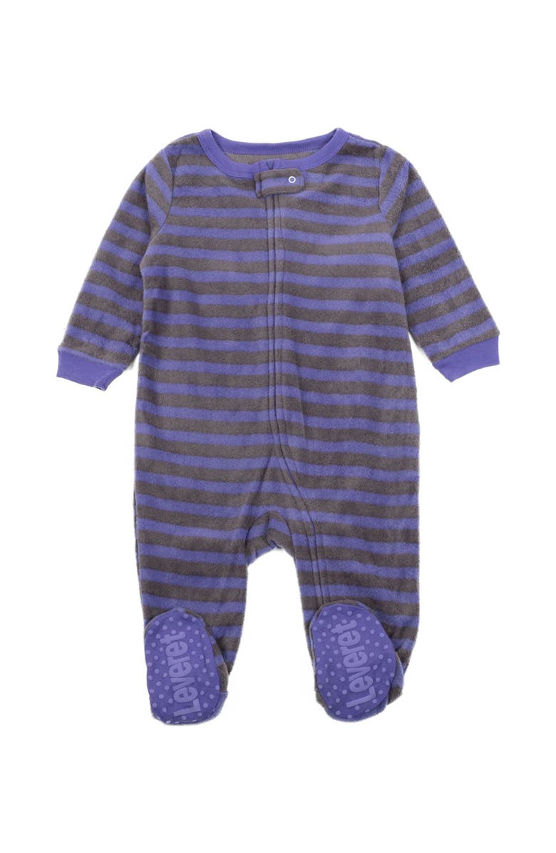 Leveret Footed Fleece Printed Holiday Pajamas, Alternate, color, Striped Purple & Gray