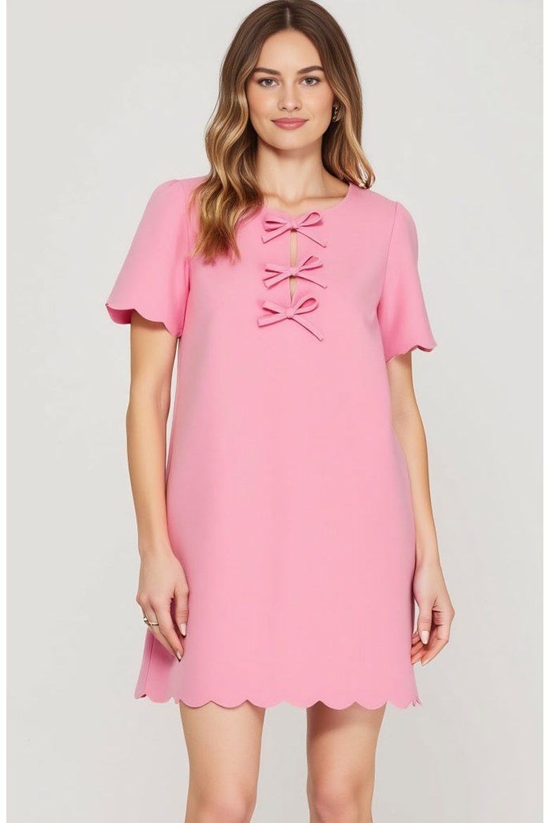 Scallop Hem Shift Dress with Front Bow Tie Detail and Keyhole Neckline, Main, color, Pink