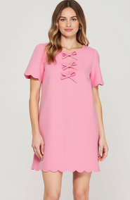 Modenaire Scallop Hem Shift Dress with Front Bow Tie Detail and Keyhole Neckline