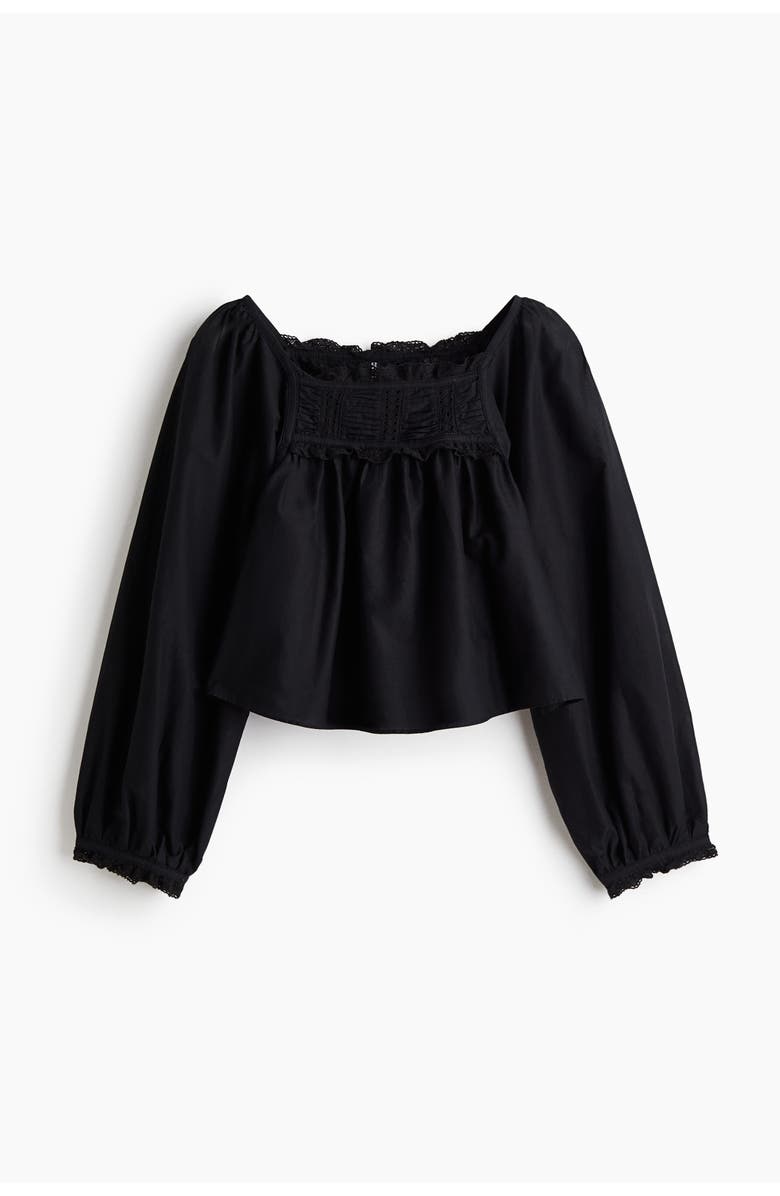 H&M Lace-trimmed Cotton Blouse, Main, color, Black