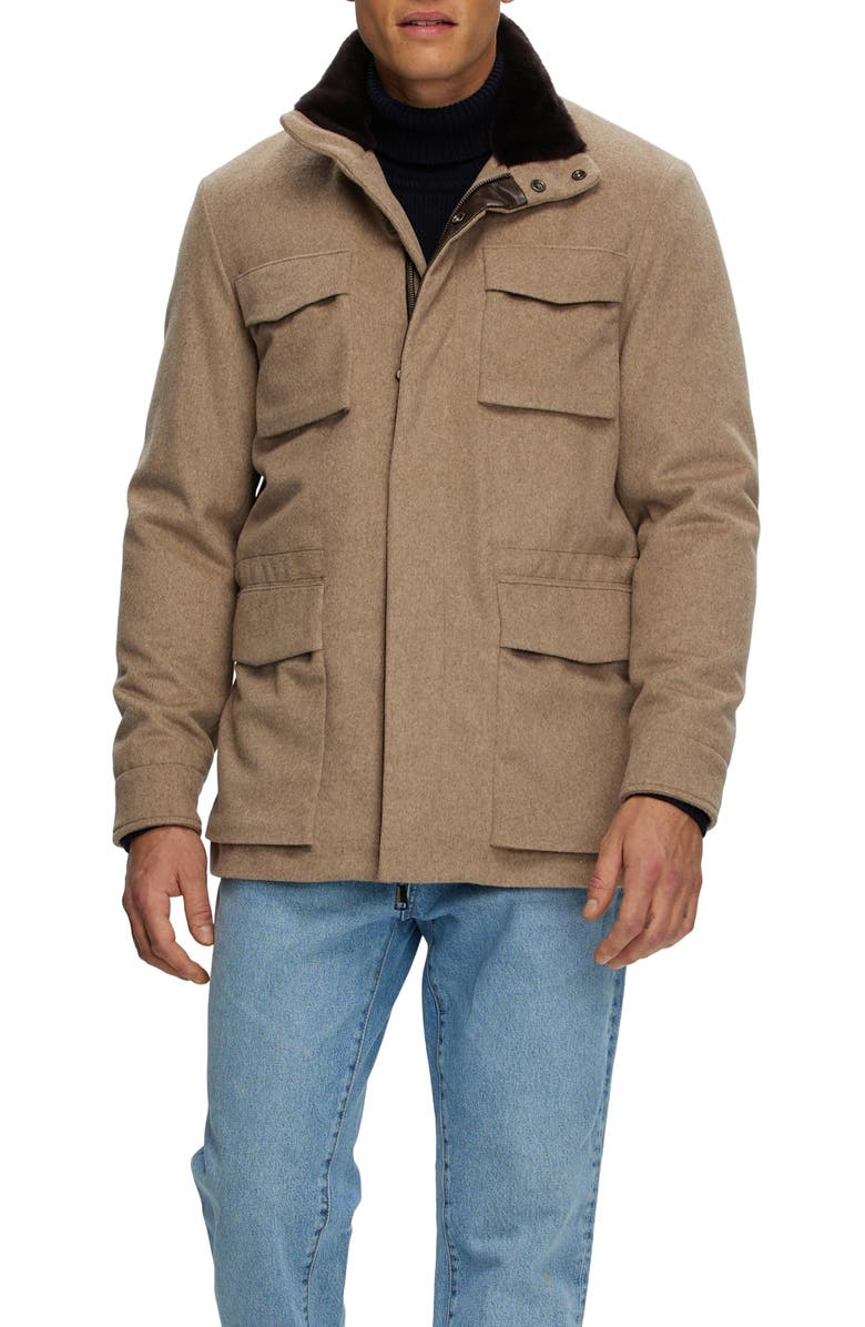 GORSKI Mens Fabric Jacket with Genuine Shearling Collar, Alternate, color, Light Brown