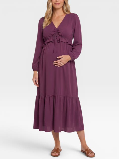 Puff Sleeve Ruffle Midi Maternity Dress