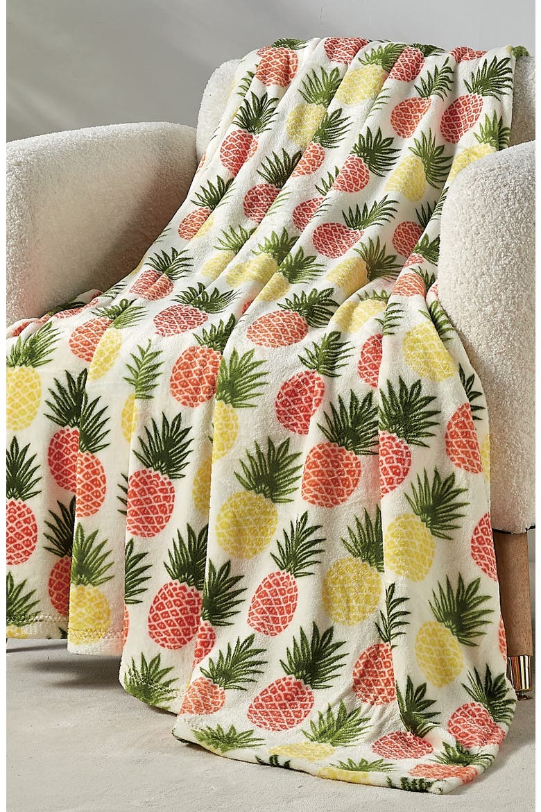Tropical Pineapple Print Plush Throw Blanket, Alternate, color, PINEAPPLE