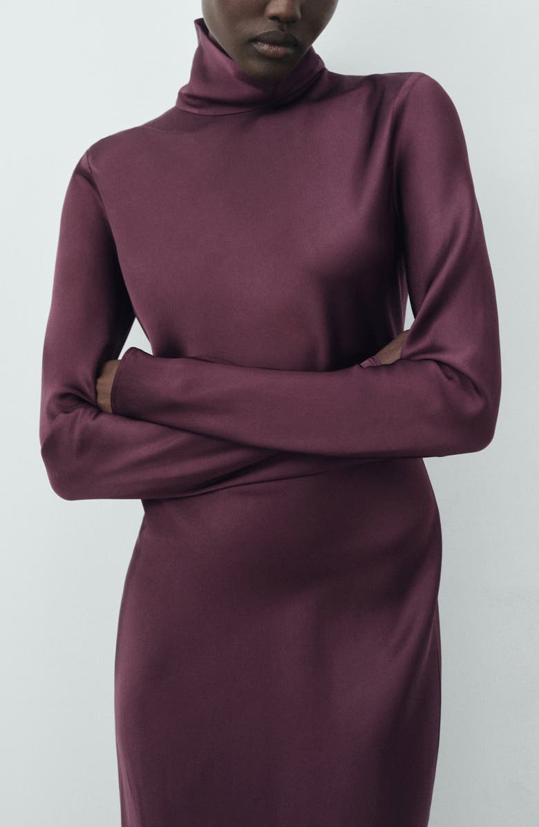 MANGO Selection Turtleneck Long Sleeve Satin Maxi Dress, Main, color, Burgundy