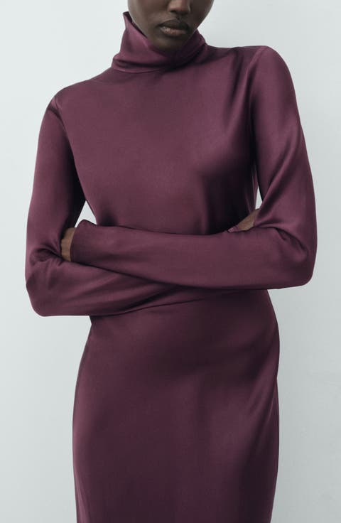 Selection Turtleneck Long Sleeve Satin Maxi Dress