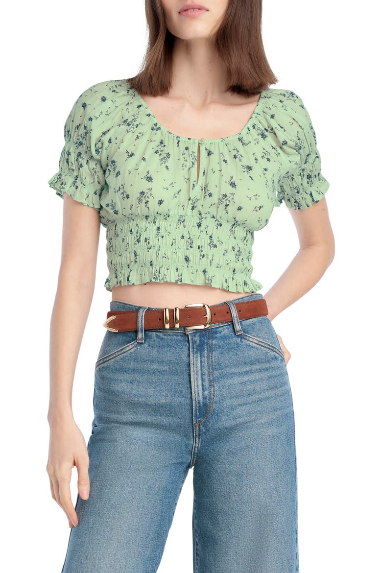 The Swoon Ruffle Trim Smocked Crop Top, Main, color, DITSY FLORAL