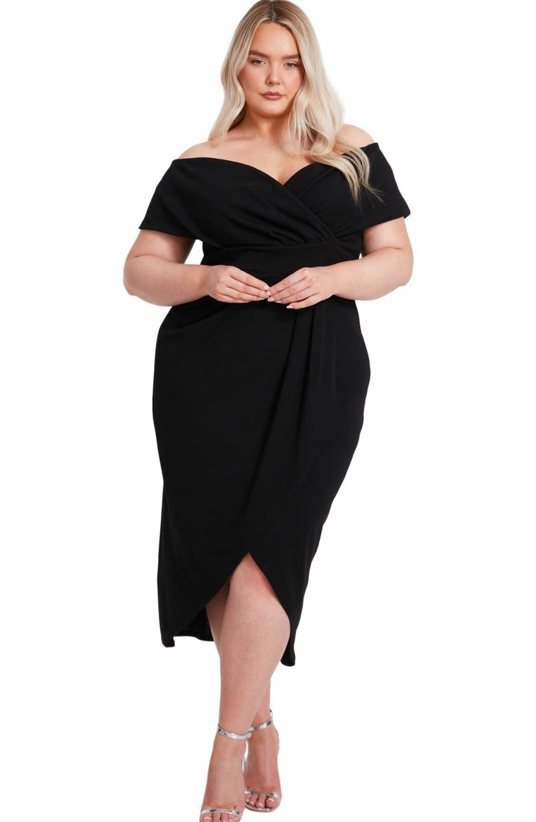 QUIZ Plus Size Scuba Crepe Bardot Wrap Midi Dress, Main, color, 