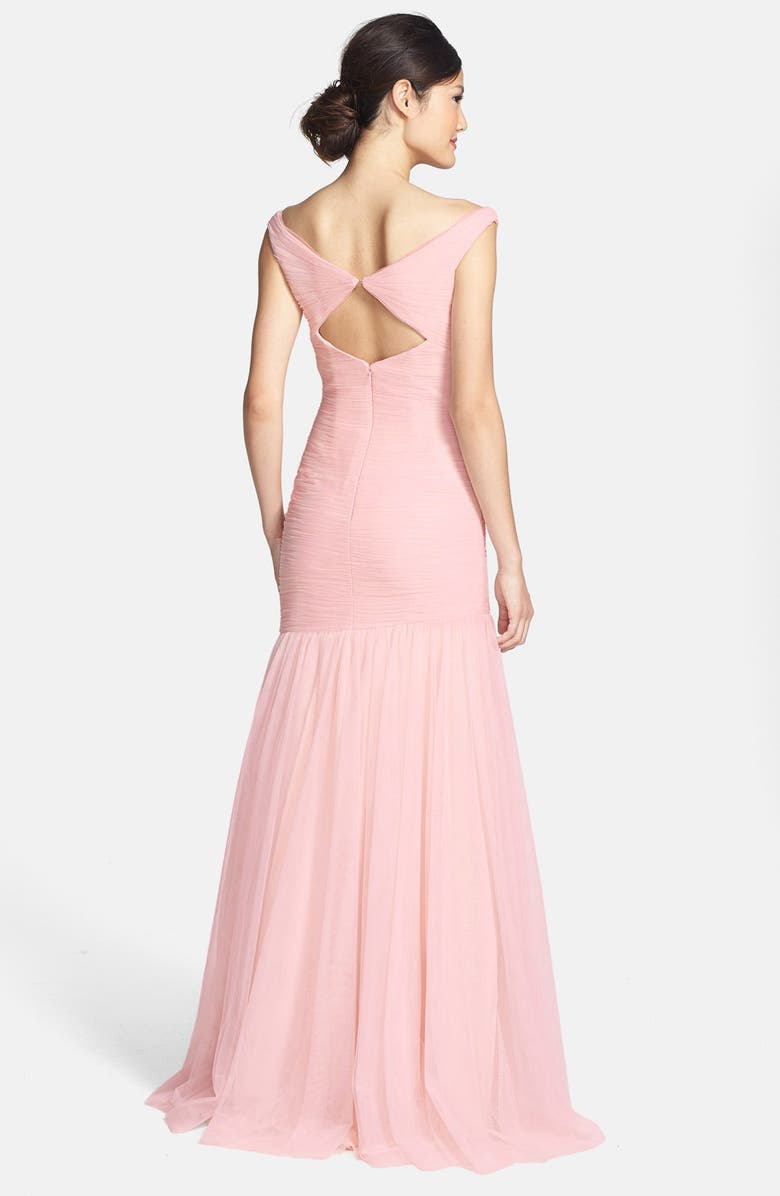 Monique Lhuillier Bridesmaids V-Neck Shirred Tulle Trumpet Dress, Alternate, color, 