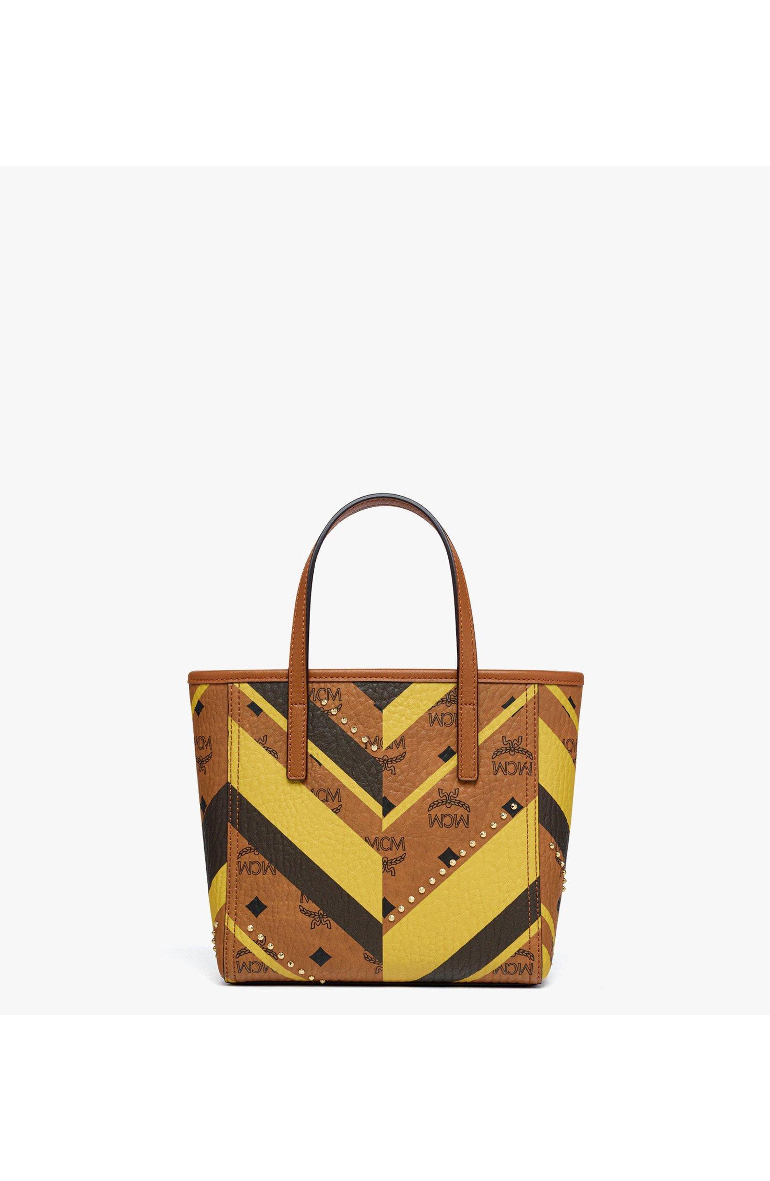MCM Studded Toni Top-Zip Shopper in Mega Herringbone Visetos, Alternate, color, Cognac