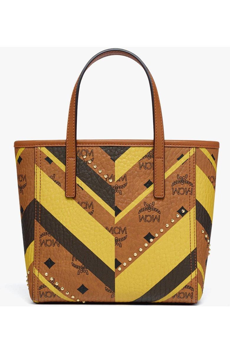 MCM Studded Toni Top-Zip Shopper in Mega Herringbone Visetos, Alternate, color, Cognac