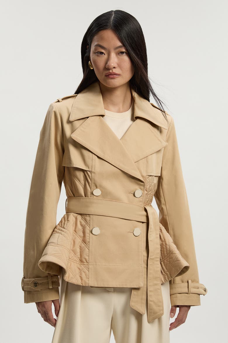 Quilted Padded Peplum Short Trench Coat, Main, color, Camel