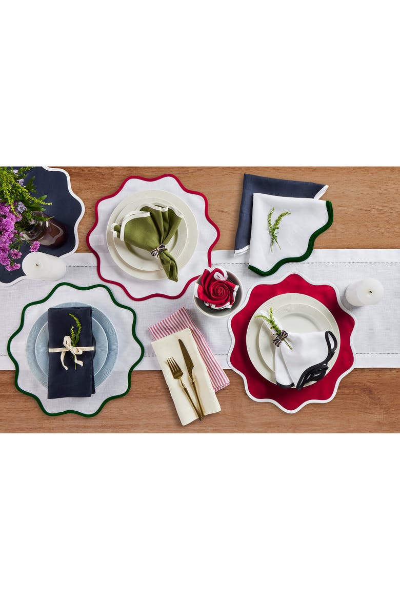 Linen Dinner Napkins Set of 4, 20 Inch Round - Giselle Scallop Edge, Alternate, color, White and Red