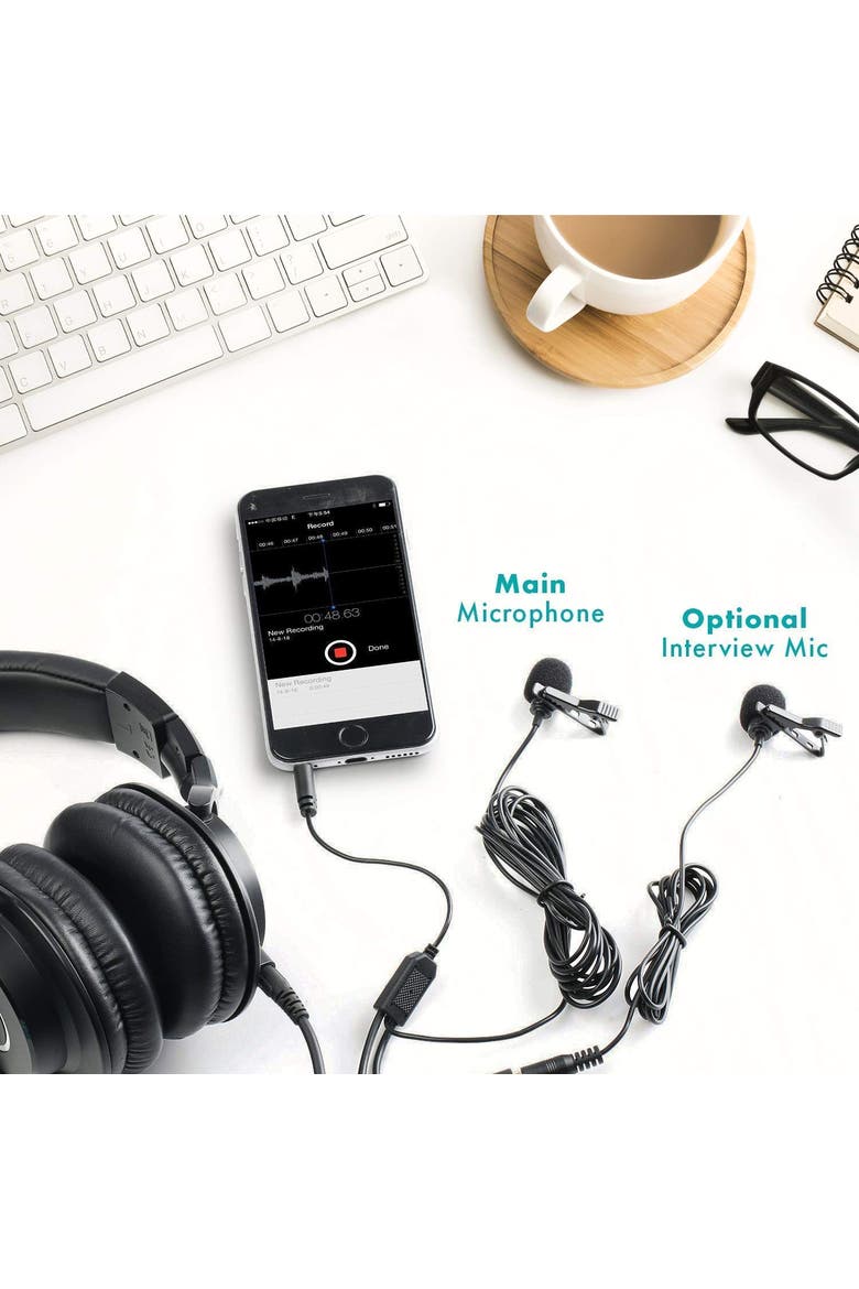 Executive Lavalier Clip-on Interview Microphone with Secondary Mic & Headphone Monitoring Input for Smartphones/Tablets, Alternate, color, Black