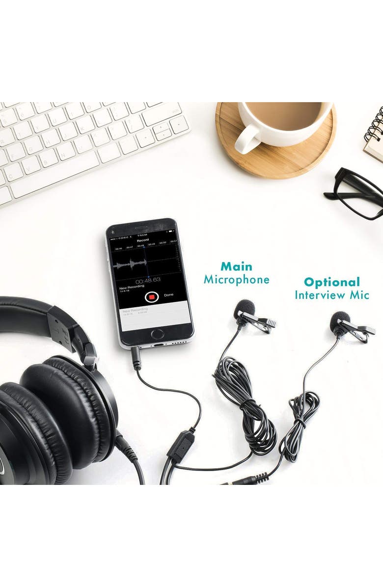 MOVO Executive Lavalier Clip-on Interview Microphone with Secondary Mic & Headphone Monitoring Input for Smartphones/Tablets, Alternate, color, Black