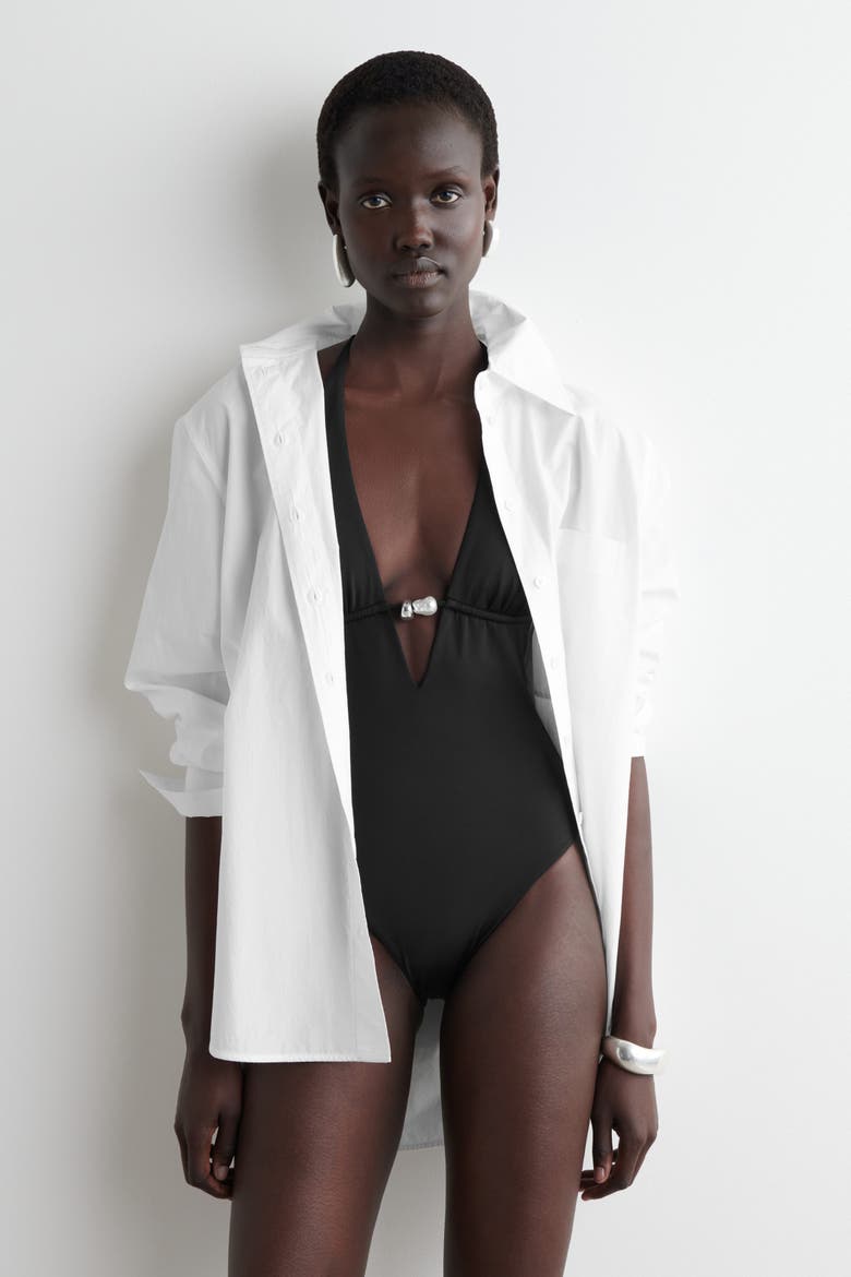 Embellished Plunge-Neck Swimsuit, Main, color, BLACK