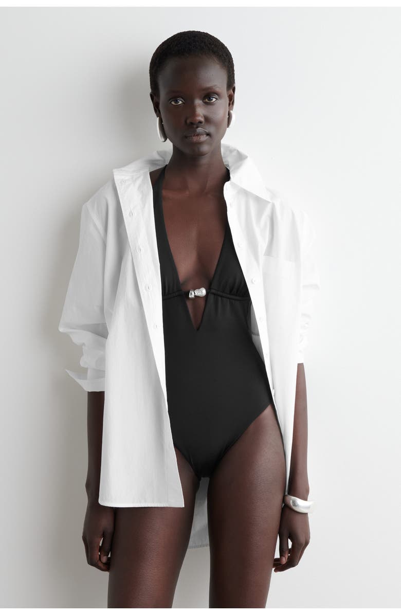 COS Embellished Plunge-Neck Swimsuit, Main, color, Black