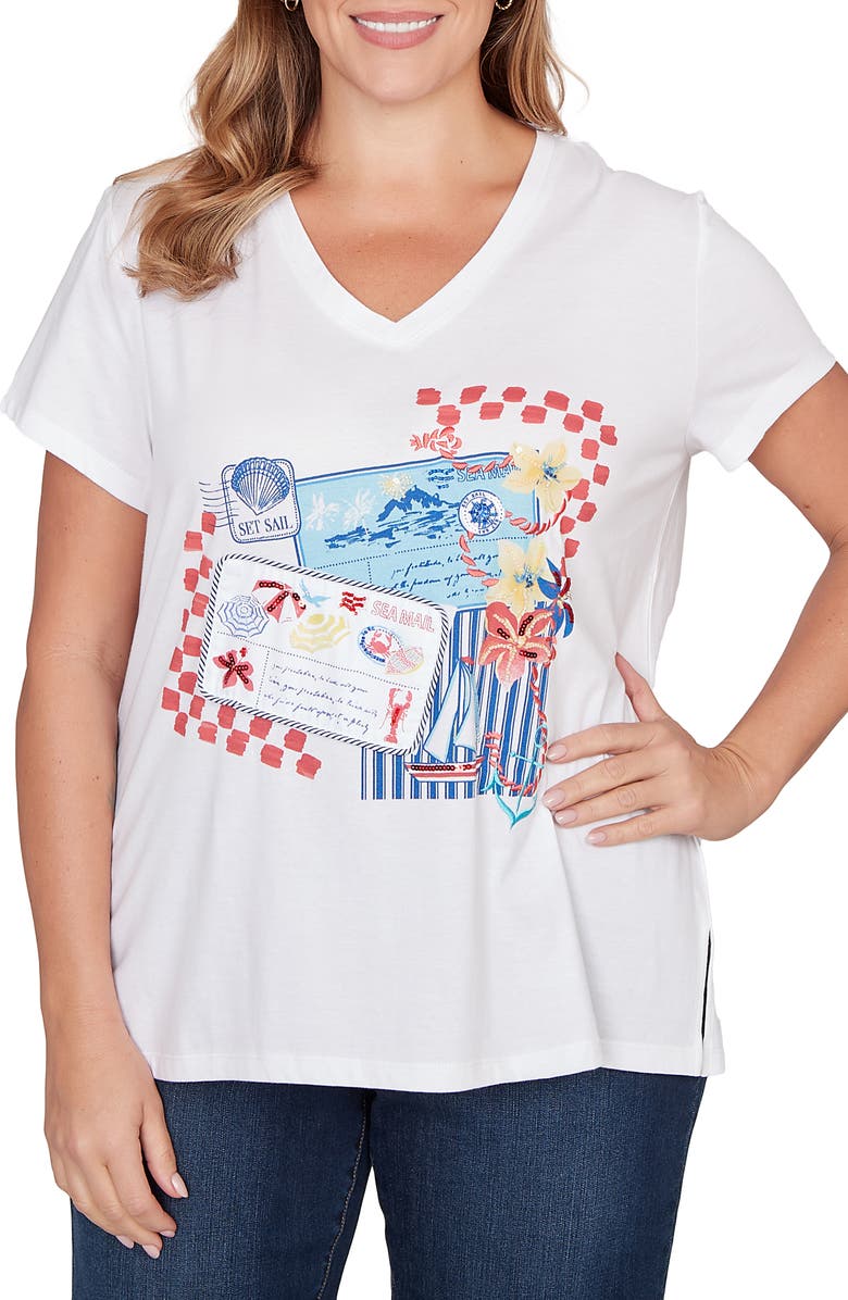 RUBY RD Postcard Cotton Graphic T-Shirt, Main, color, Deep Coral Multi