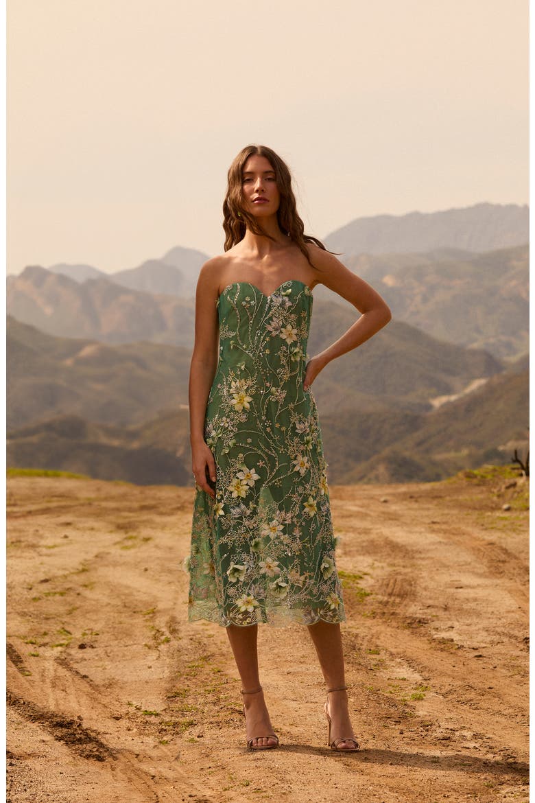 Francine Embellished Floral Appliqué Strapless Cocktail Dress, Alternate, color, GREEN MULTI