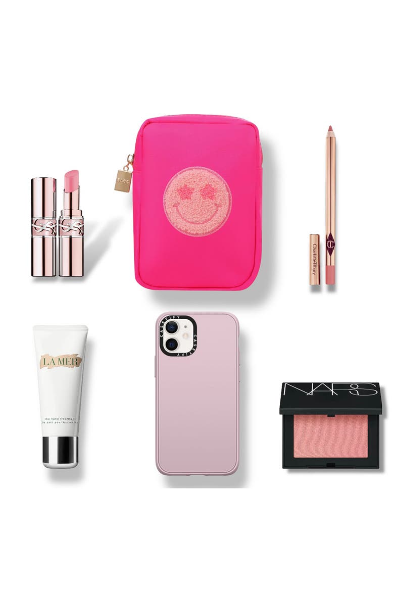 Mini Smiley Cosmetics Bag, Alternate, color, HOT PINK