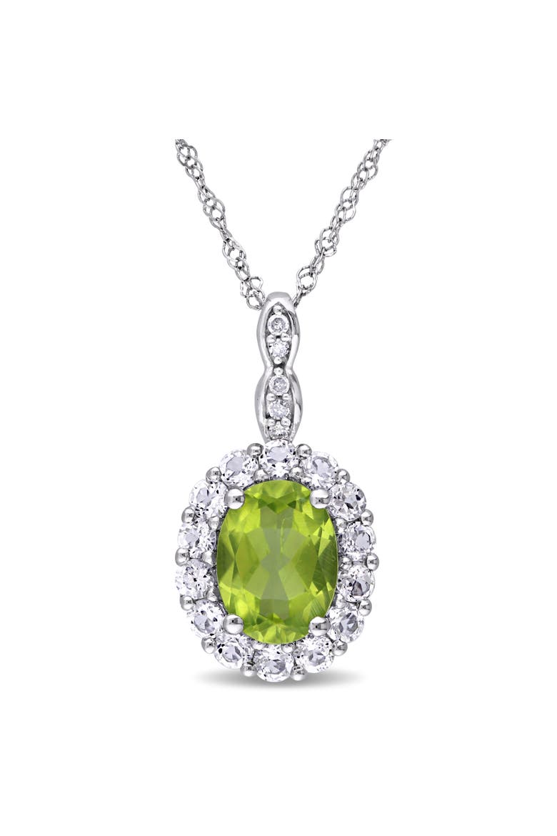Gemstone & Diamond Oval Halo Necklace 14K, Main, color, Peridot/White Gold